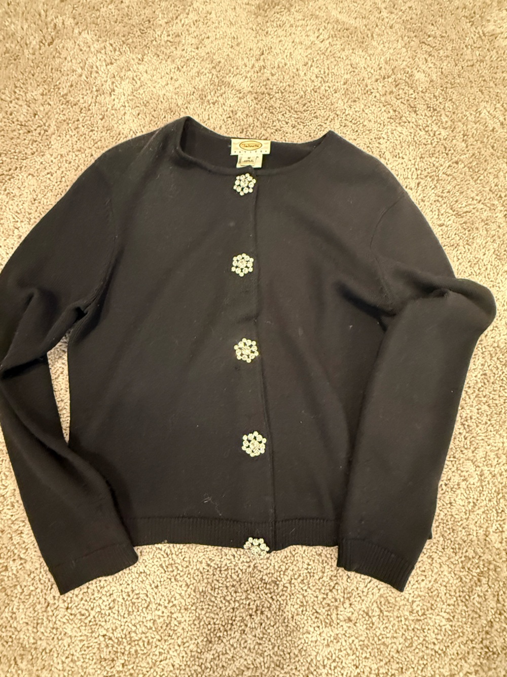 Vintage Talbots Petites Black Merino Wool Rhinestone Button Cardigan M